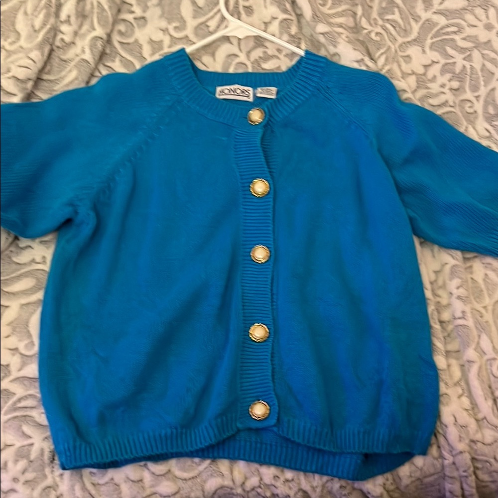 Blue Cardigan Sweater with Gold Buttons